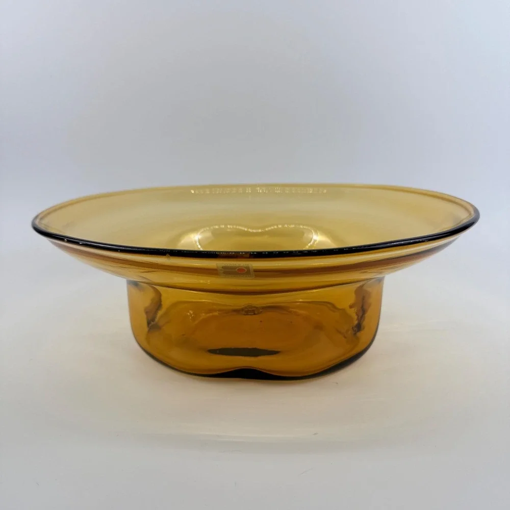 Blenko 8512 Amber Hand Blown Art Glass Pedestal Centerpiece Bowl